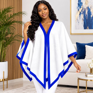 Poncho HMR Sorority Sisterhood blanc avec bordure bleue, col en V, manches chauve-souris, décontracté, toutes saisons, respirant - Product Image 3