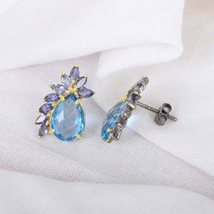 Pendientes de Plata de Ley 925 con Topacio Azul y Lapislázuli 100% Naturales, Joyería Fina para Mujer, Venta al Por Mayor - Product Image 3