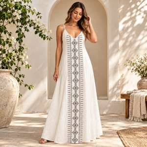 Vestido largo de algodón bordado |   Vestidos Largos Casuales de Verano para Mujer, Estilo Boho, Cuello en V, Sin Mangas, Línea A, para Playa, Vacaciones, Color Blanco - Product Image 2