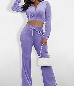 Crop Top Hooded Zipper Velvet Velour Tracksuits Stacked Flare Jogging <b>Set</b> Winter Purple Color Velvet Track Suit Sweat Suits <b>Set</b> - Product Image 6