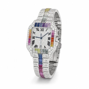 Reloj de lujo unisex rectangular con diamantes y pulsera de piedras preciosas de colores, movimiento de cuarzo analógico, esfera con números romanos, cristal de zafiro, 44 mm - Product Image 5