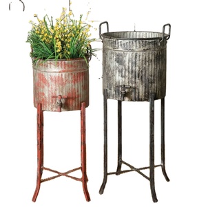 Set of 2 Pcs Outdoor Galvanized Metal Planters with Metal Stand <b>for</b> Indoor & Outdoor Decorative Floor Metal Planter - Product Image 1