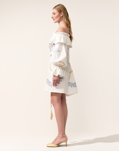 Vestido Mini de Algodón Blanco para Mujer, Hombros Descubiertos, Estampado Floral, Manga Larga, Cintura Ajustable, Estilo Boho - Product Image 5