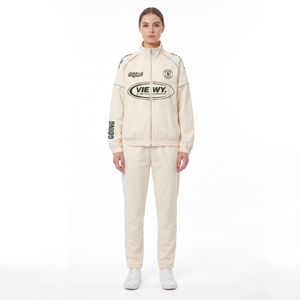 Ensemble de survêtement sportif pour femme avec veste zippée intégrale à col montant, imprimé lettres, coupe régulière, toutes saisons - Product Image 1