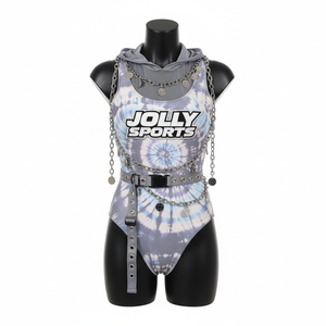 Maillot de bain femme en tissu extensible polyester élasthanne 200 GSM, gris bleu tie-dye, avec logo personnalisé - Product Image 3