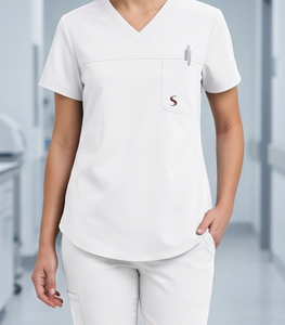Blouse d'hôpital en coton blanc pour femme, tissu tricoté - Product Image 2