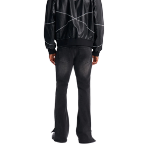 Jean cargo évasé noir délavé pour homme, coupe slim, déchiré aux genoux, style streetwear décontracté, avec poches utilitaires, tendance et mode - Product Image 2