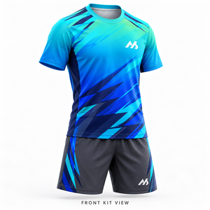 Ensemble de sport d'été respirant en polyester bleu à motif géométrique, maillot à manches courtes, uniforme d'entraînement, tenue athlétique - Product Image 1