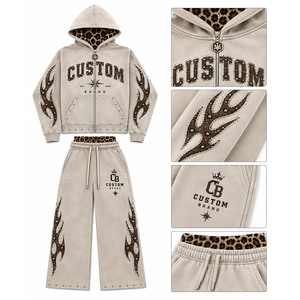 Men Distressed Flame Applique Hoodie Sweatpants 2 Piece Set Custom Studded Leopard Lined <b>Tracksuit</b> - Product Image 1