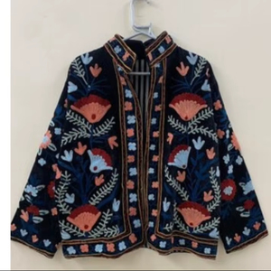 Handmade Bohemian Winter <b>Coat</b> Floral Suzani Embroidered Velvet Jacket Windproof Knitted Duster Cotton Floral Suzani Embroidered - Product Image 1