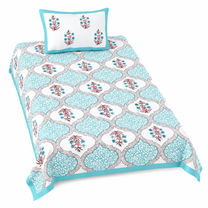 Drap de lit simple en coton Heritage, imprimé floral Mughal aqua, avec housse de coussin pour la maison et l'hôtel - Product Image 3