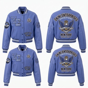 Women Crop <b>Top</b> Varsity Jacket Premium 450 GSM Wool Blend Rib Knit Trim Custom Embroidered Applique Logo Blue Streetwear Fashion - Product Image 1