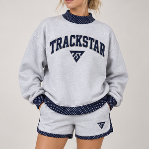 Ensemble short 2 pièces pour femme, gris chiné clair, avec bordure à pois contrastante, col montant, vêtements de sport décontractés personnalisés - Product Image 1