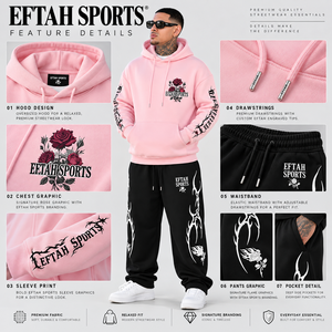 Conjunto Deportivo Urbano para Hombre, Sudadera Rosa, Pantalones Deportivos Negros con Estampado Tribal de Llamas Blancas, Precio Económico, Personalización OEM - Product Image 1
