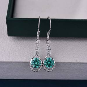 Teal Moissanite Drop <b>Earrings</b> – Velaboo 925 <b>Silver</b> Teardrop Design – Elegant Halo <b>Dangle</b> <b>Earrings</b> for Wedding & Evening Wear - Product Image 2