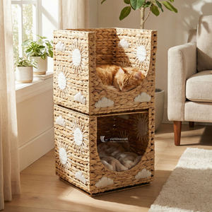 Cesta de Almacenamiento Tejida a Mano de Jacinto de Agua, de un Solo Nivel, Apilable, con Bordado de Sol y Luna, Ecológica, para Cama de Mascotas y Contenedor de Juguetes - Product Image 3