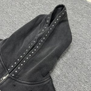 Sudadera de hombre de otoño 100% algodón Terry con cremallera personalizada, lavado ácido, apliques, bordados, pedrería y efecto desgastado, corte oversize - Product Image 5