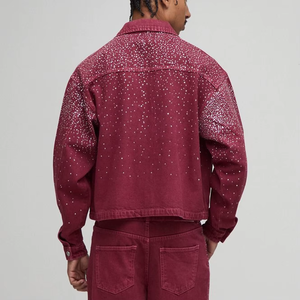 Men's Maroon <b>Denim</b> <b>Jacket</b> Dot <b>Sequined</b> Print Casual Turn-down Collar Zipper Front Loose Fit Autumn Wear - Product Image 3