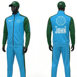 Ensemble de survêtement de netball pour hommes, bleu ciel et vert avec empiècements contrastants, ensemble d'entraînement athlétique, logo personnalisé par transfert thermique, survêtement pour hommes - Product Image 1