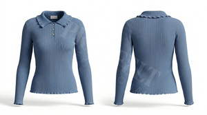 Polo côtelé 100 % haute qualité avec détails boutonnés personnalisés et col à volants, manches longues, doux et confortable, style tendance - Product Image 6