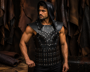 Leather Armor Medieval Knight <b>Costume</b> Viking Warrior LARP <b>cosplay</b> <b>costume</b> Pirate Vest Hood <b>Men</b> Leather Chest Bringandine Armor - Product Image 2