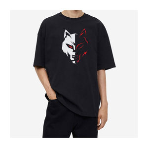 T-shirt noir surdimensionné pour homme avec imprimé visage de loup, style streetwear, manches courtes, col rond, jersey de coton - Product Image 4