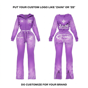 Women Tracksuit Premium 300 GSM Polyester Spandex Purple <b>Crop</b> Hoodie Flare <b>Pants</b> Custom Logo OEM ODM - Product Image 1