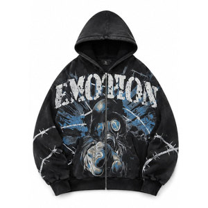 Sweat à capuche zippé noir pour homme, style punk, imprimé masque à gaz, coupe oversize, impression par sublimation, manches classiques, pour l'automne - Product Image 2