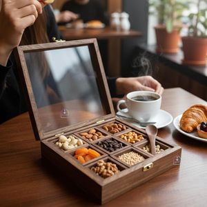 Caja de especias de madera tallada a mano con almacenamiento compartimentado para uso en la cocina, diseño moderno. - Product Image 5