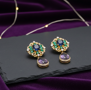 Boucles d'oreilles pendantes longues en argent sterling 925 plaqué or 18 carats, avec pierres rose taille coussin et bleu hydro, bijoux de caractère - Product Image 1