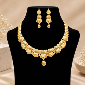 Intricate Ethnic Statement <b>Necklace</b> <b>Set</b> | Gold Tone Jewelry with Drop Earrings | <b>Indian</b> Bridal Wedding Party Wear <b>Necklace</b> <b>set</b> - Product Image 1