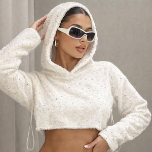 <b>Women</b> Cropped <b>Teddy</b> Fleece <b>Hoodie</b> Soft Sherpa Pullover Sparkle Rhinestone Detail Warm Winter Crop Hoodies Custom Production - Product Image 4