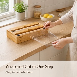 Melaleuca Wood Foil <b>and</b> <b>Cling</b> <b>Film</b> <b>Dispenser</b> 2 in 1 Kitchen <b>Cutter</b> Box Plastic Wrap Holder Countertop Organizer Wholesale - Product Image 1