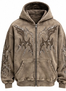Nouveau sweat à capuche zippé imprimé, style streetwear, avec strass et broderie vieillie, en molleton épais French Terry délavé à l'acide - Product Image 1