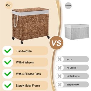 Moderno Cesto Portabiancheria da 160L a 3 Scomparti con Coperchio e Ruote, in Giacinto d'Acqua Naturale Intrecciato e Struttura in Metallo, per Uso Bagno - Product Image 2