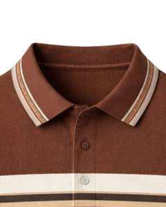 Polo a Rayas Marrón para Hombre, Mezcla de Algodón, Informal, Manga Corta, Top de Verano con Rayas en Contraste en el Pecho, Diseño Clásico - Product Image 4