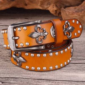 Ceinture en cuir véritable pleine fleur pour homme, style cowboy, avec rivets métalliques, modèle OEM 2026, pour jeans, style punk - Product Image 2