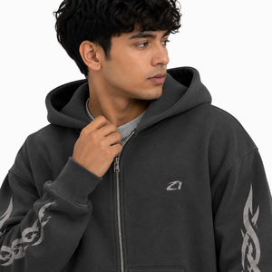 Ensemble de survêtement graphique pour homme 2 pièces : sweat à capuche zippé et pantalon ample en molleton de coton, imprimé audacieux, style streetwear oversize, hiver, logo personnalisé - Product Image 3