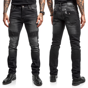 Pantalon en jean de luxe pour homme avec empiècements fonctionnels, en coton épais et détails de mode premium effet vieilli - Product Image 4