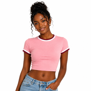 Premium Women's Pink <b>Crop</b> <b>Top</b> Short Sleeve Slim Fit Crew Neck Ringer T-Shirt Solid Color Casual Jersey Cotton Breathable - Product Image 1