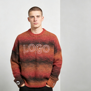 Men's Trendy Gradient Red Brown <b>Orange</b> <b>Fleece</b> Fabric LOGO Embroidery Neck Regular Fit Pullover Cuff Detail Winter 100% Cotton - Product Image 1