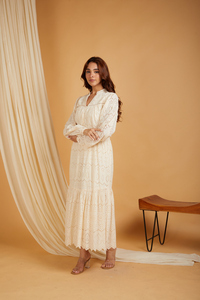 <b>Boho</b> Chic V-Neck Cotton Midi <b>Dress</b> Featuring Eyelet Embroidery and Voluminous Puff Sleeves Casual <b>Summer</b> Apparel for Women - Product Image 3