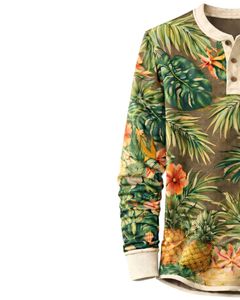 เสื้อเชิ้ตเฮนลีย์ลายดอกไม้เขตร้อนสำหรับผู้ชาย สีเขียว แขนยาว ติดกระดุม แนวลำลอง สไตล์ชายหาดฤดูร้อน น้ำหนักเบา แฟชั่นทันสมัย - Product Image 3