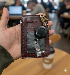 Porta Tarjetas de Identificación 2 en 1 de Cuero Genuino con Cordón Retráctil, Cartera para Tarjetas de Visita con Cierre - Product Image 4