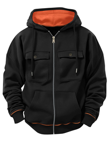 Sweat à capuche noir pour homme, coupe classique, en molleton, avec poches, doublure orange, 100% polyester, respirant, 300g - Product Image 1