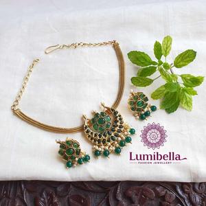 Green Kemp Attigai Women's Necklace-Fashion Jewelry Set with Gold Plated Brass and Zircon Stones - Product Image 1