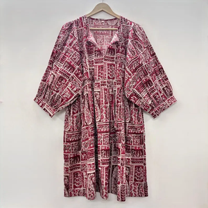 Floral Hand Block Print Eco-Friendly Cotton V-neck 3/4 Sleeve Lace Handmade Ruffle Hem Mini <b>Dress</b> Kyra <b>Style</b> Chinoiserie Formal - Product Image 1