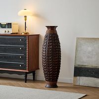 Vas Lantai Bulat Modern Boho dari Bambu Anyaman Tangan, Wadah Bunga Tinggi, Dekorasi Pedesaan untuk Ruang Tamu dan Pintu Masuk
