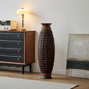 Jarrón Redondo de Bambú Tejido a Mano, Estilo Boho Moderno, Recipiente Alto para Flores, Decoración Rústica para Sala de Estar o Entrada - Product Image 2