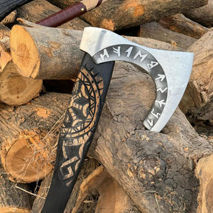 Hache viking de qualité industrielle nordique, lame en acier au carbone gravée, manche en bois sculpté, pour décoration murale et usage de survie - Product Image 3